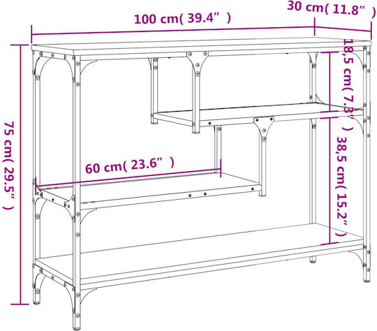 Metal Console Table Smoky Oak L100xW30xH75cm