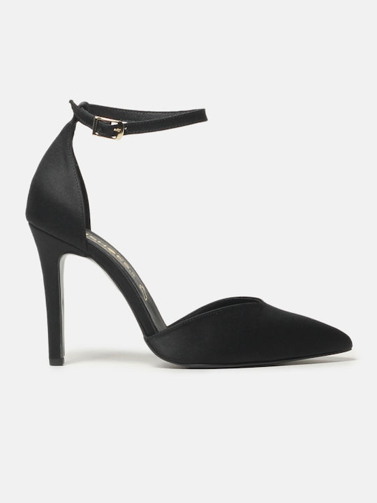 InShoes Leather Pointed Toe Black Heels with Strap