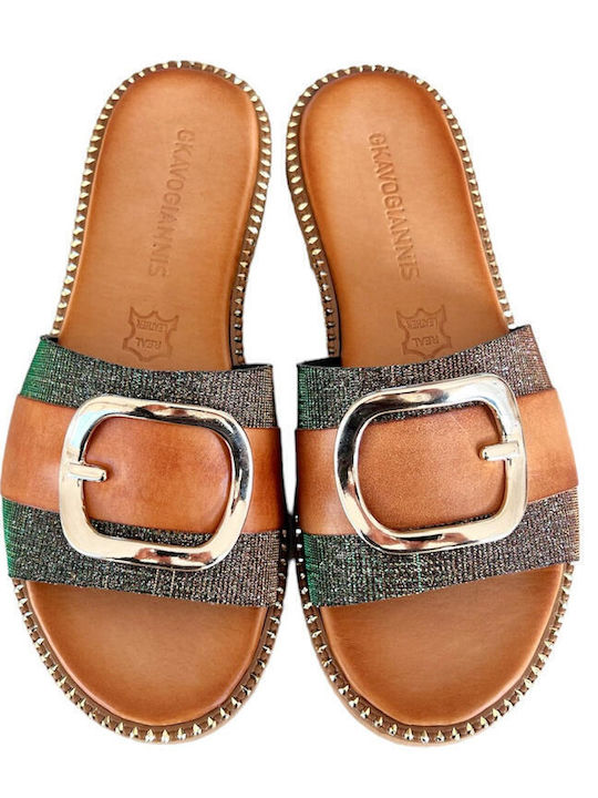 Gkavogiannis Sandals Leather Women's Flat Sandals in Green Color