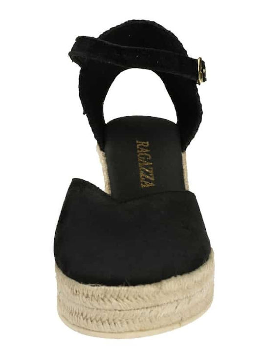 Women's Leather Platform Espadrilles Black suede leather