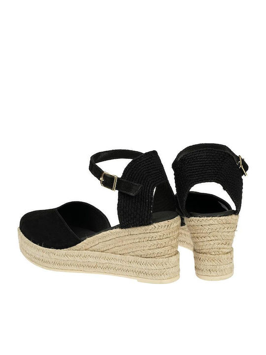 Women's Leather Platform Espadrilles Black suede leather