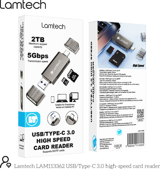 Lamtech Card Reader USB 3.0 Type-C για SD Γκρι