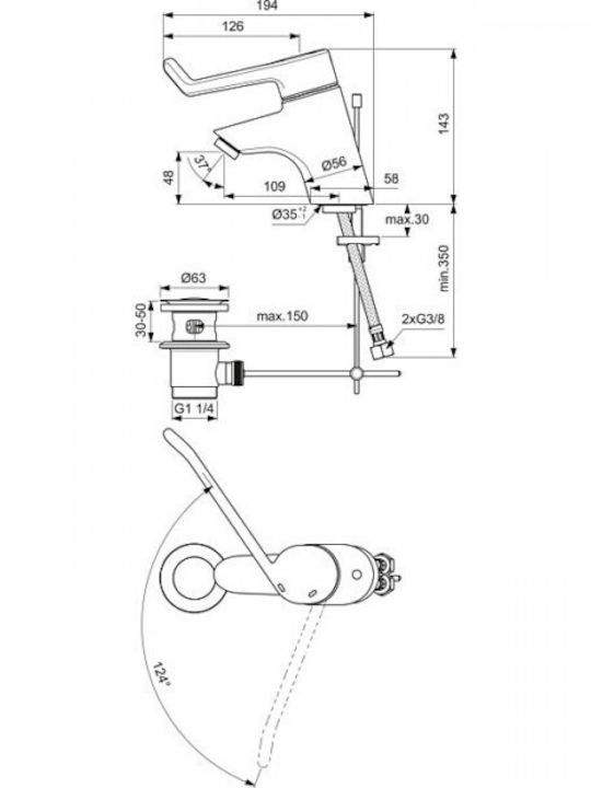 Ideal Standard Ceraplus Αναμεικτική Μπαταρία Νιπτήρα ΑΜΕΑ Ασημί