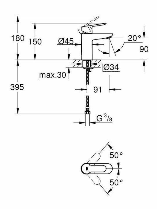 Grohe Start Edge Αναμεικτική Μπαταρία Νιπτήρα Ασημί