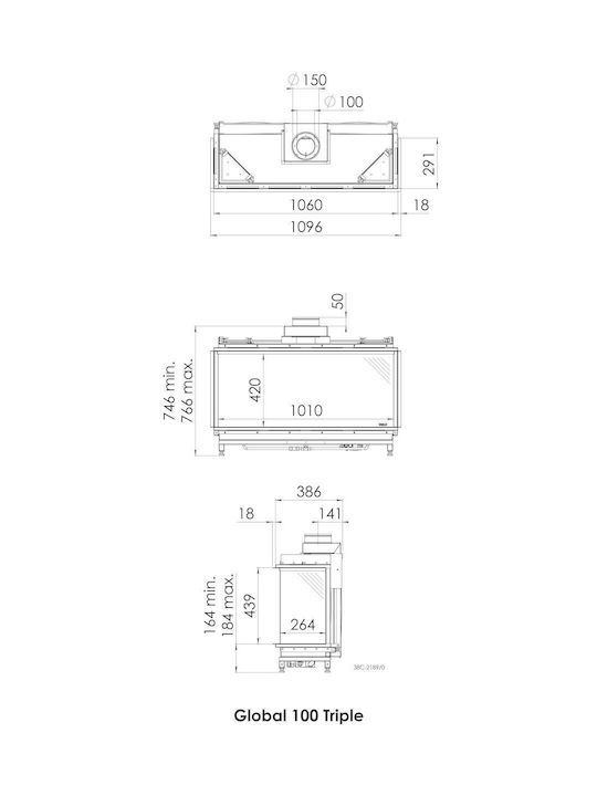 Dru Global 100 Triple BF Ενεργειακό Τζάκι Αερίου Αεραγωγών 7.5kW Τρίπλευρο με Σταθερή Πόρτα