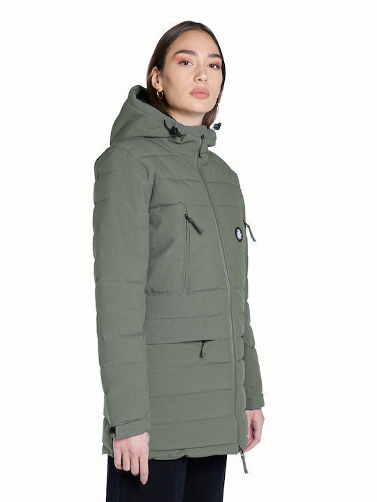 Emerson Μακρύ Γυναικείο Puffer Μπουφάν για Χειμώνα Light Olive