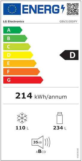 LG Ψυγειοκαταψύκτης 344lt Total NoFrost Υ186xΠ59.5xΒ67.5εκ. Inox GBV3100DPY