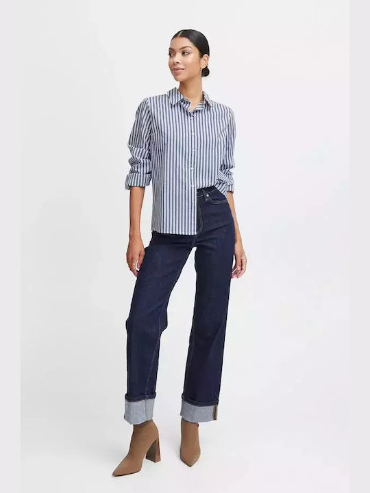 B.Younq Women's Striped Long Sleeve Shirt Navy