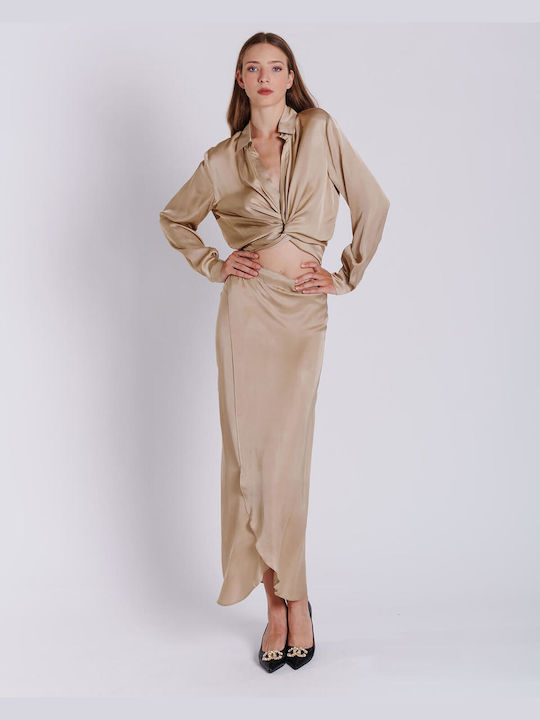 Collectiva Noir Women's Satin Long Sleeve Shirt Beige