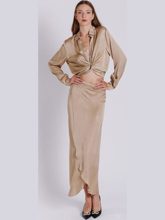 Langärmelig Damen Satin,σατεν Hemd Beige