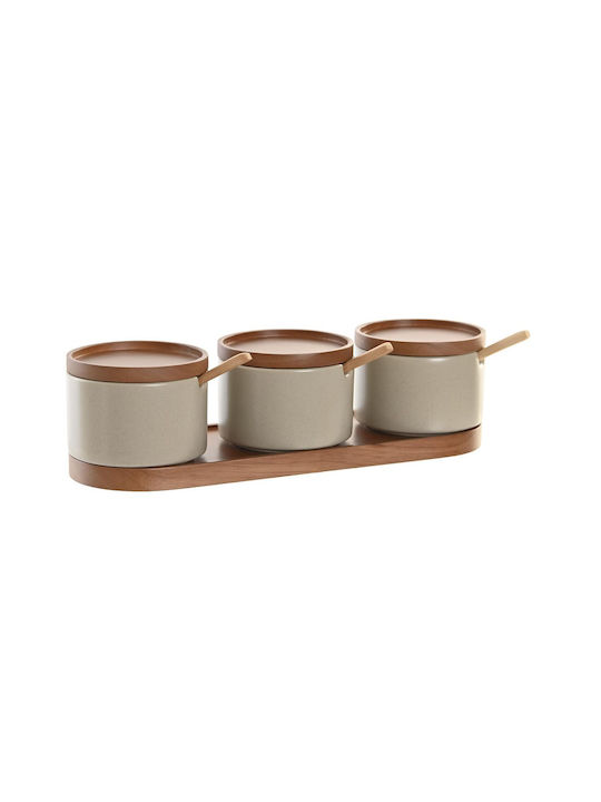 DKD Home Decor Set 7Stück Gläser Zucker mit Deckel & Basis Hölzernes Beige 10x7x29cm S3041349