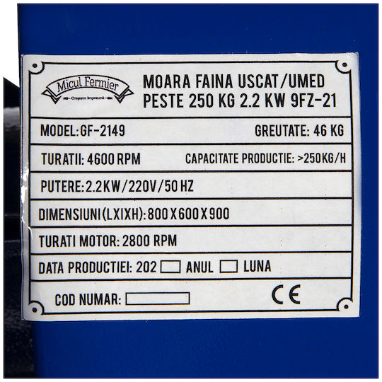 Moară de Măcinat Furaje cu Putere Motor 2200W și Producție de Măcinare 250 kg/h