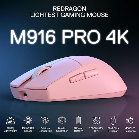 Redragon M916 PRO 4K Ασύρματο Gaming Ποντίκι 26000 DPI Ροζ