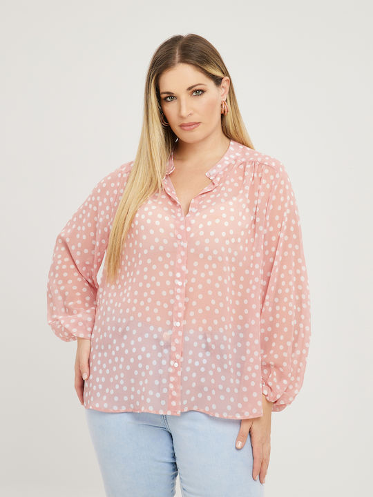 Mat Fashion Women's Polka Dot Long Sleeve Shirt Pink