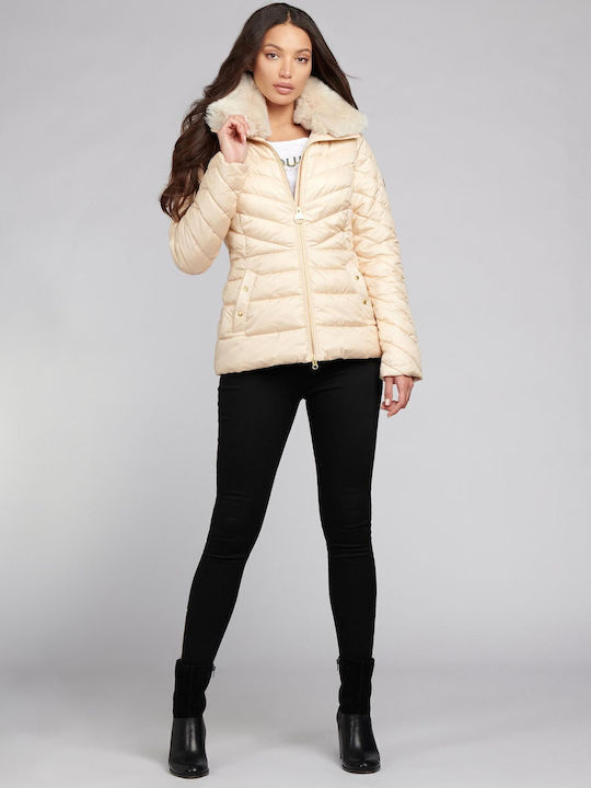 Women's Short Puffer Jacket for Winter Beige