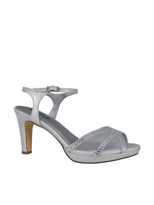 Menbur Stoff Damen Sandalen mit Chunky hohem Absatz in Silber Farbe