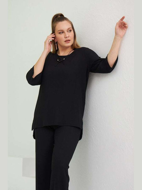 Bubble Chic Summer Tunic with 3/4 Sleeve Polka Dot Black