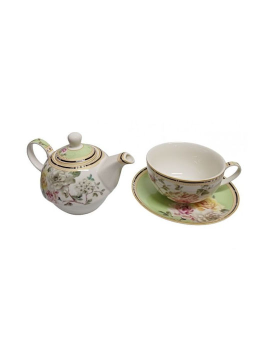 Καρβούνης Tea Set with Cup Porcelain in Green Color 3pcs