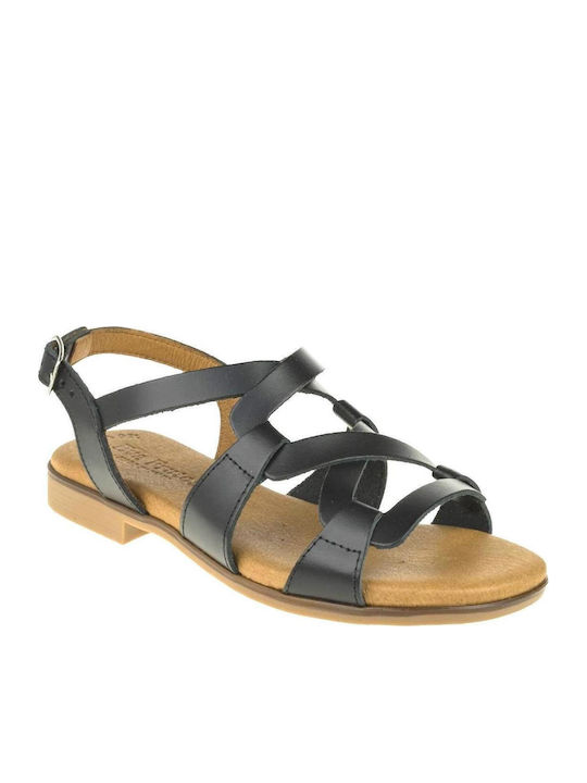 Leather Women's Flat Sandals in Black Color
