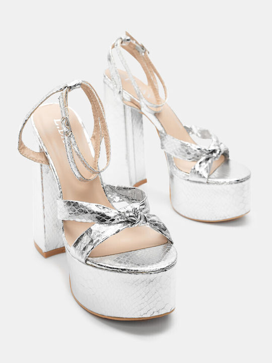 Luigi Platform Synthetic Leather Women's Sandals with Ankle Strap Silver with Medium Heel