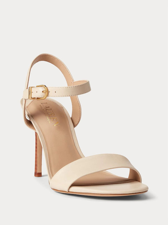 Leather Women's Sandals Beige with High Heel