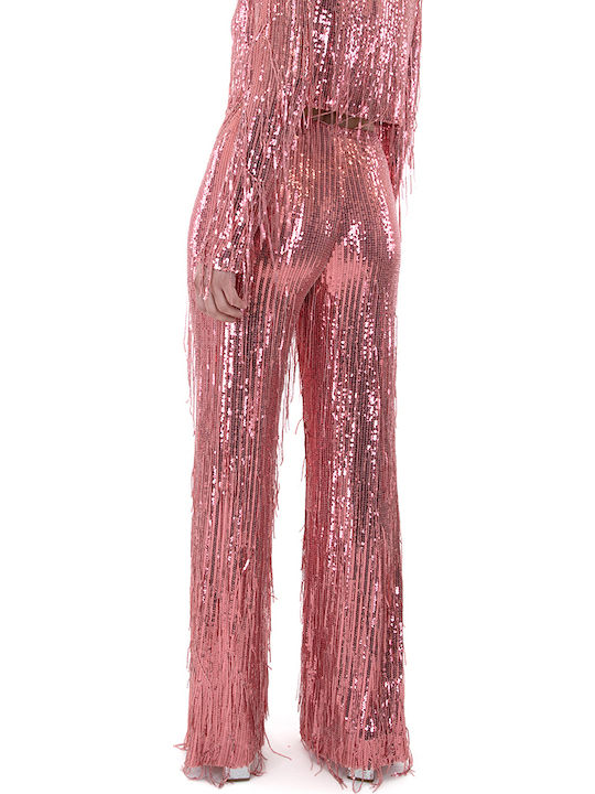Women's High-waisted Fabric Trousers with Elastic in Regular Fit Pink with Sequins