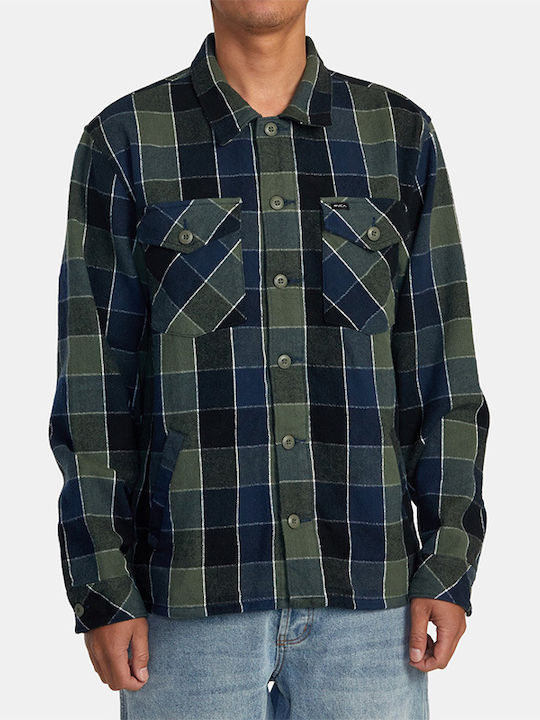 RVCA Men's Shirt Overshirt Long Sleeve Cotton Checked Olive (olive)