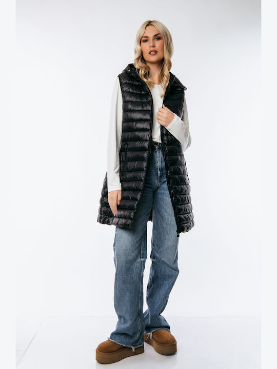 Dress Up Lung Jachetă de femei Fără mâneci Puffer pentru iarnă Negru