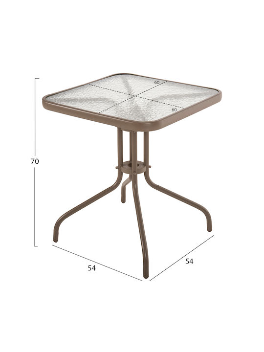 Outdoor Dinner Table with Glass Surface and Metal Frame Champagne 60x60x70cm