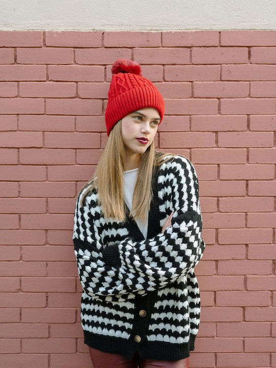 Pom Pom Beanie Unisex Beanie Gestrickt in Rot Farbe