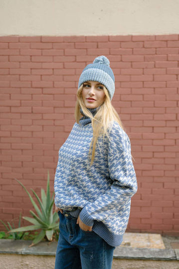 Pom Pom Beanie Unisex Beanie Gestrickt in Blau Farbe
