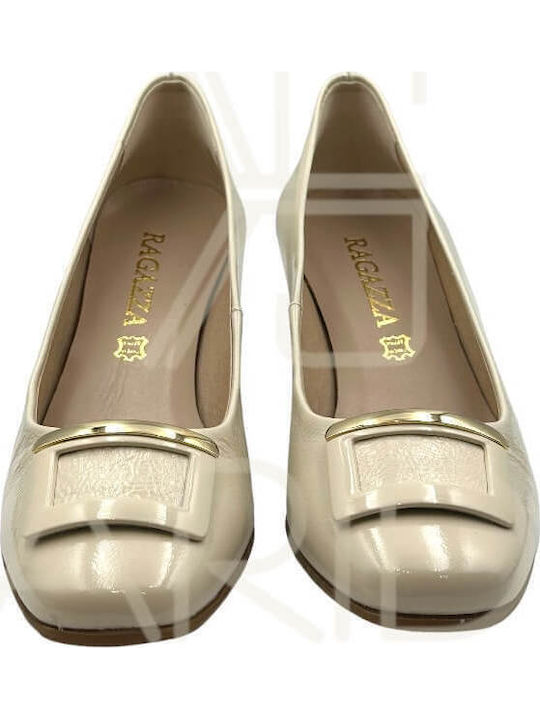 Leder Pumps mit Chunky flachem Absatz Beige