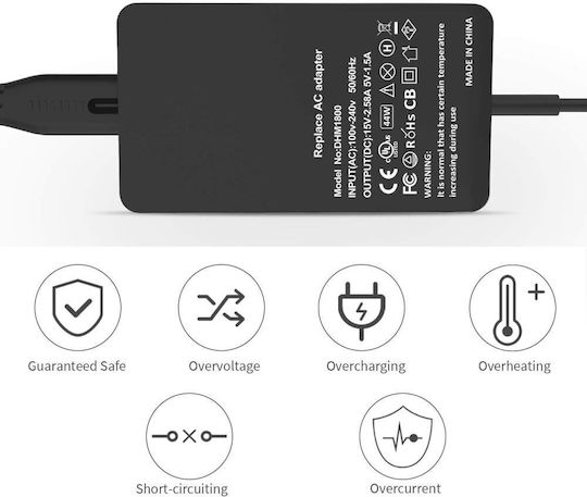 Microsoft Surface Φορτιστής Laptop 44W 15V 2.58A για Microsoft με Αποσπώμενο Καλώδιο Τροφοδοσίας και με σετ βυσμάτων
