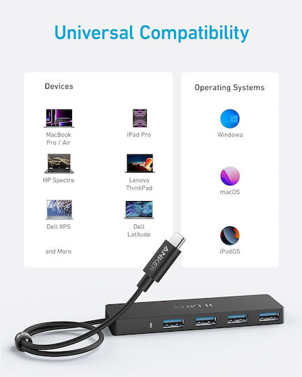 Anker USB-Hub 4 Anschlüsse USB 2.0 mit Anschluss an einen Computer USB-C