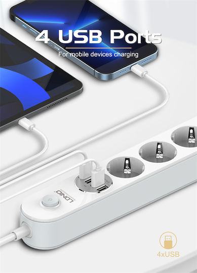Ldnio Power Strip with Surge Protection 4 Positions with 4 USB-A, Switch and Cable 2m