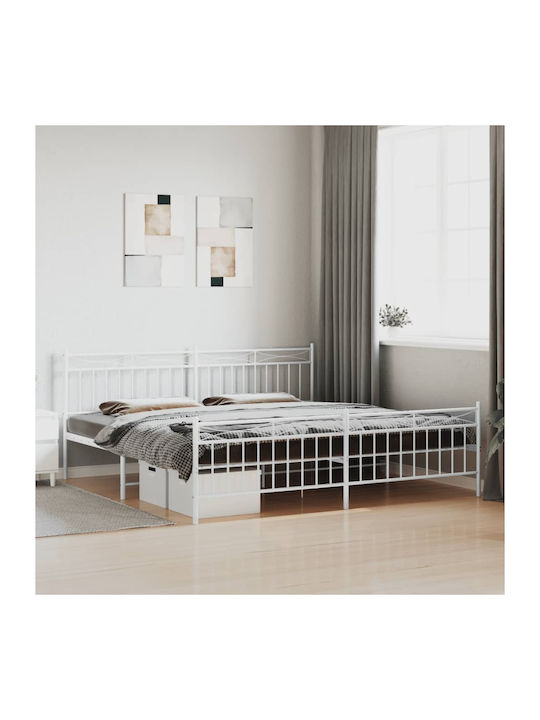 King Size Metal Bed White with Slats for Mattress 193x203cm