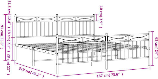 Легло Кингсайз Метално Бял с Ламели за Матрак 183x213см