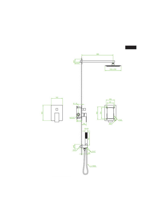 Laveo Built-in Mixer, Hand Shower & Shower Head Set for Shower Black