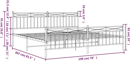 Frame Bed King Size Metal Black with Slats for Mattress 193x200cm