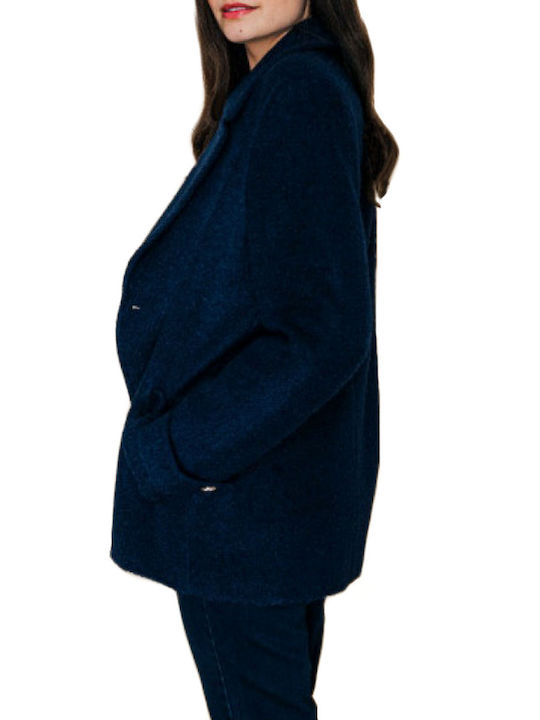 C'est Beau La Vie Women's Short Half Coat with Buttons Navy Blue