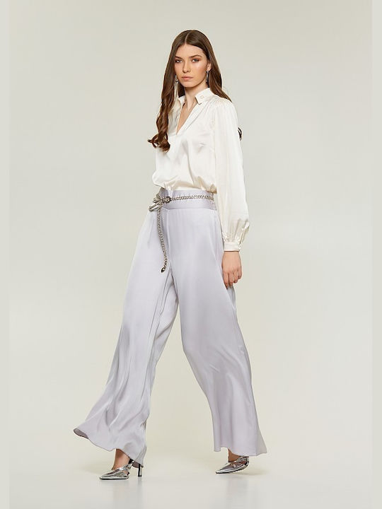 Lynne Women's Satin Trousers with Elastic in Loose Fit Silver