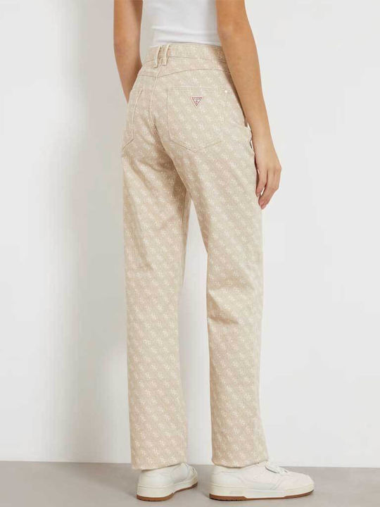 Guess Women's High-waisted Cotton Trousers in Straight Line Beige