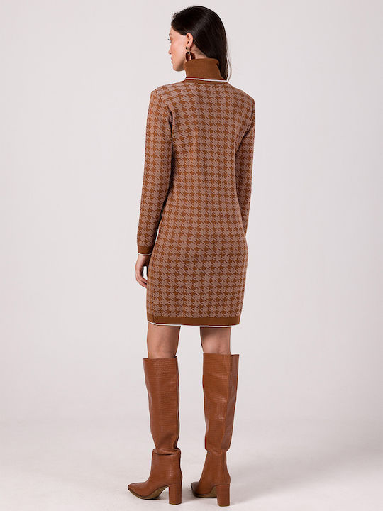 BE Knit Mini Dress Turtleneck Brown