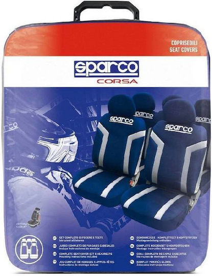 "Sparco Linea S" Universal Fabric Car Seat Covers Set Front / Rear 11 Pieces Blue / White
