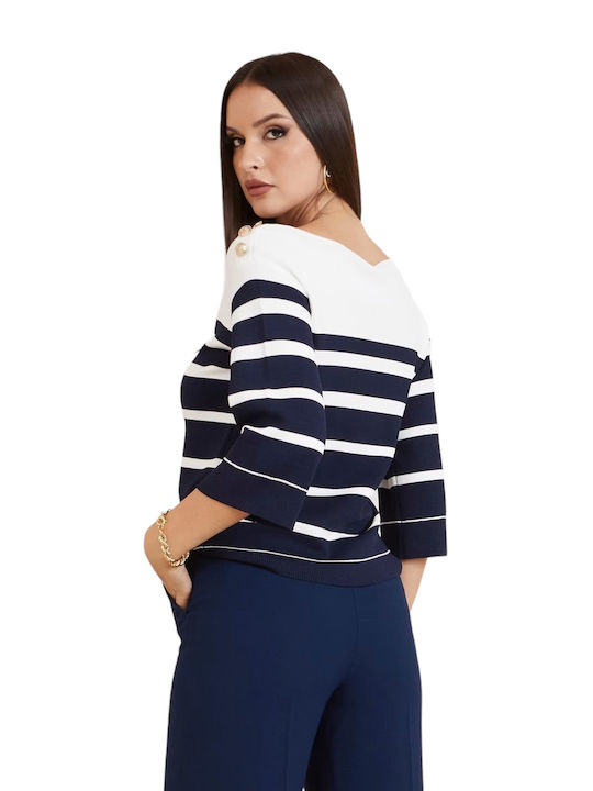 Guess Women's Sweater with 3/4 Sleeve Striped Blue