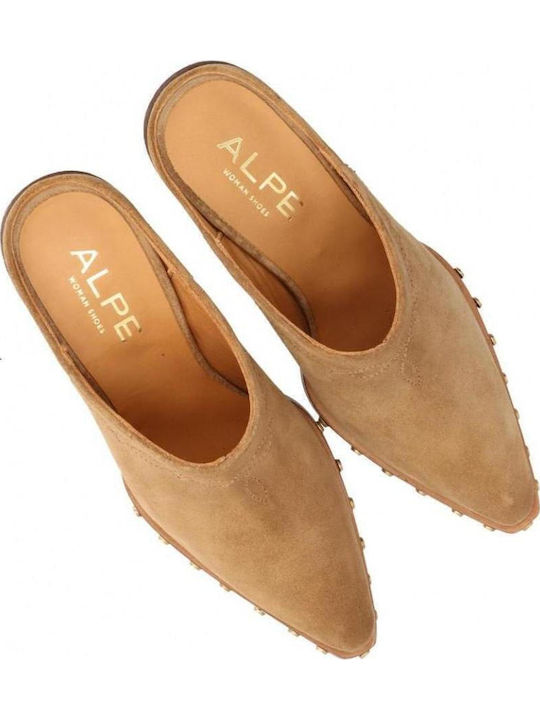 Suede Mules με Χοντρό Χαμηλό Τακούνι σε Μπεζ Χρώμα