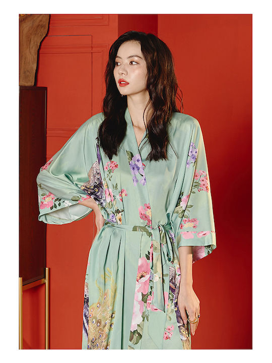 HIMARI Satin kimono with trouacar sleeve in floral pattern