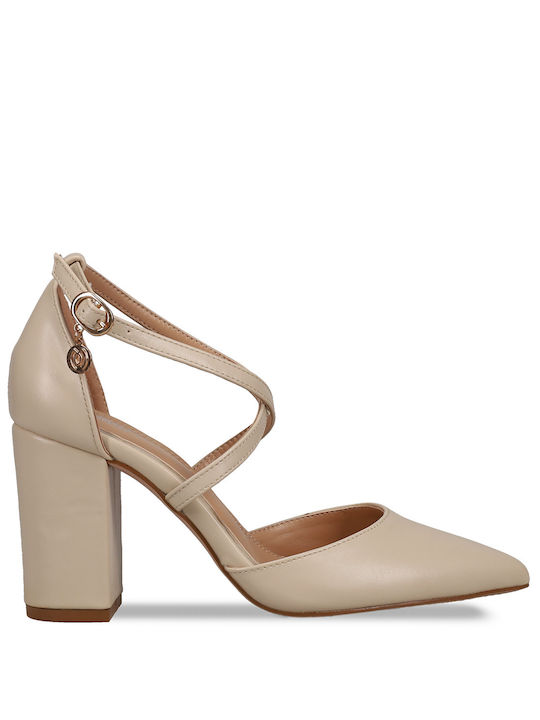 Migato Pointed Toe Beige Heels with Strap