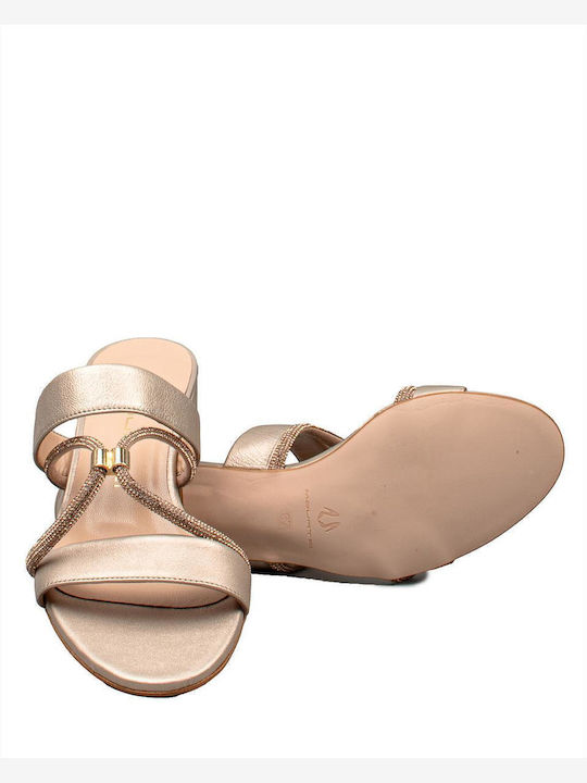 Leather Mules with Chunky Low Heel in Gold Color