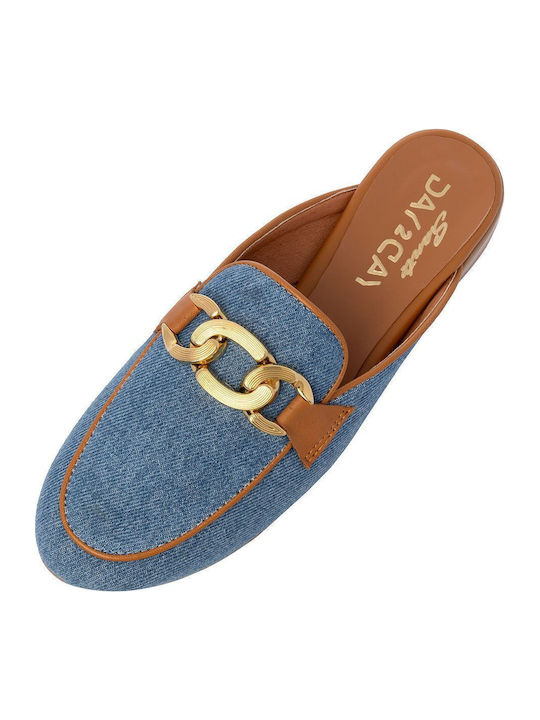 Flach Leder Mules in Blau Farbe